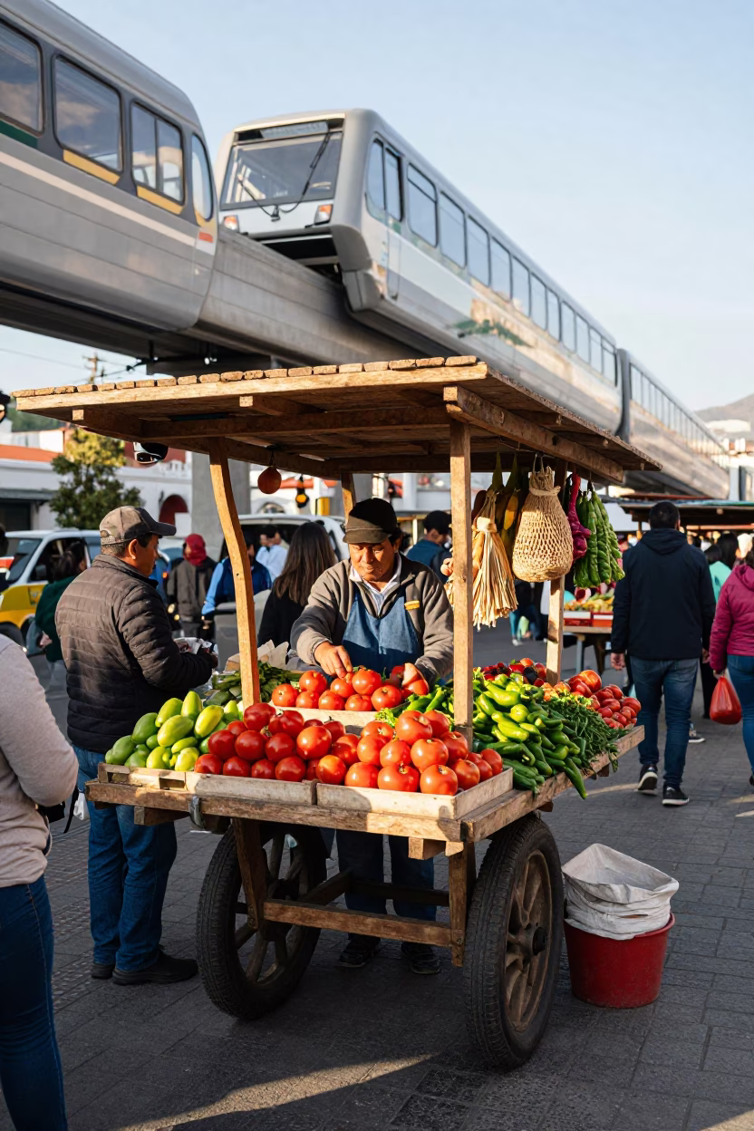 Busy Quito Street Market Stall with Vendor and Monorail in Background Early Afternoon in in Quito, Ecuador