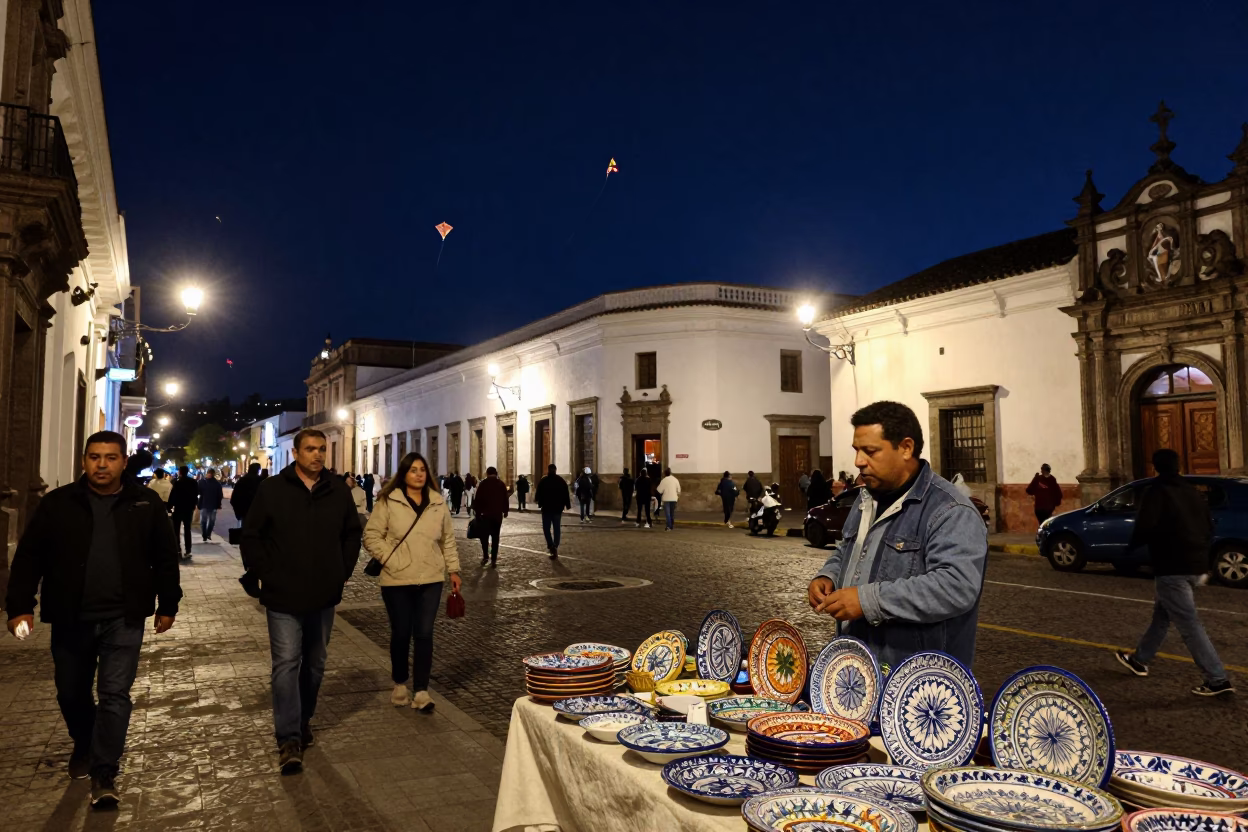 Busy Quito Street Night Scene with Kites and Vintage Plates in Ecuador in in Quito, Ecuador