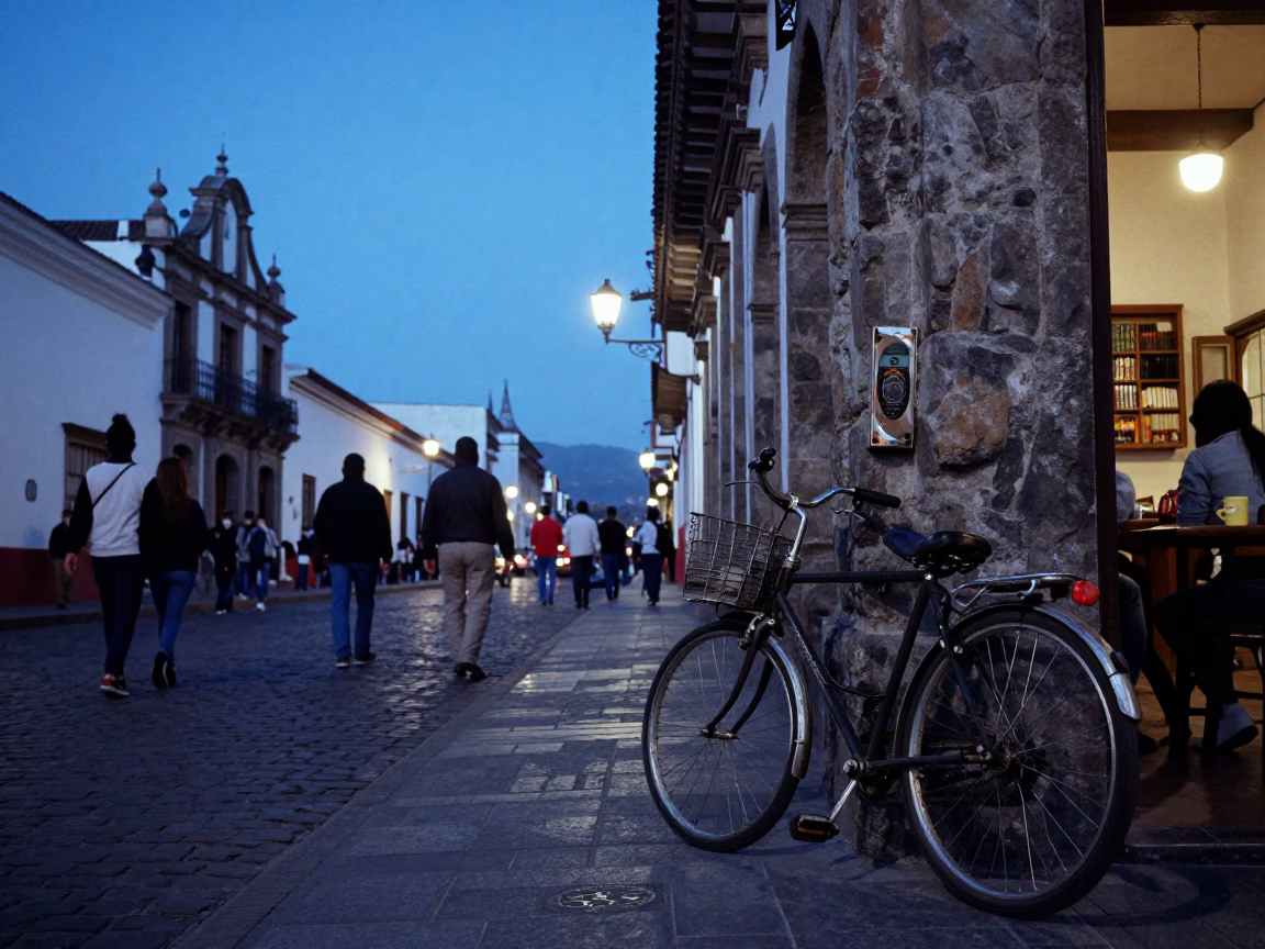 Busy Quito Street Scene at Blue Hour with Bicycle and Local Life in in Quito, Ecuador