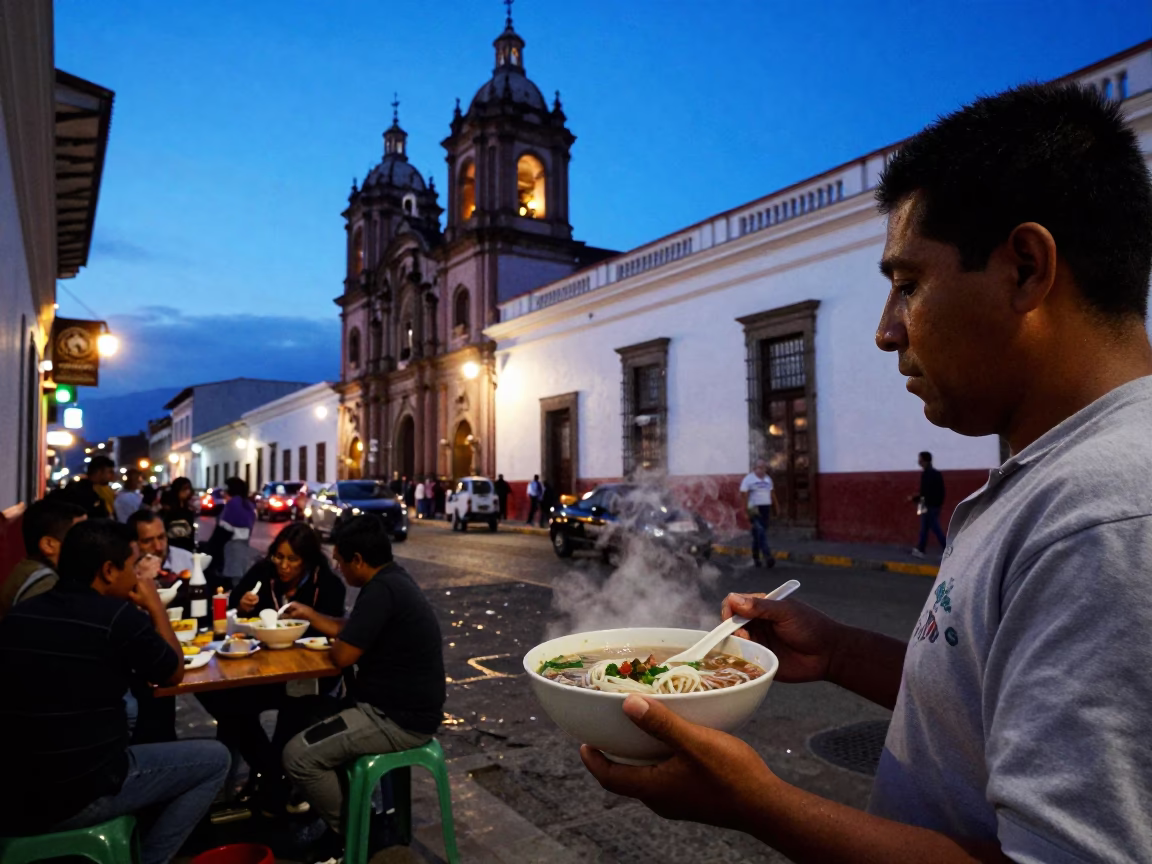 Busy Quito Street Scene at Blue Hour with Steaming Bowl of Pho and Recorder in in Quito, Ecuador