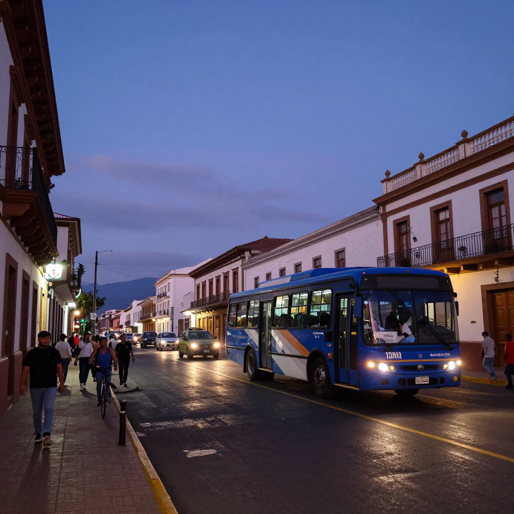 Busy Quito Street Scene at Nautical Dawn with Classic Bus and Local Commerce in in Quito, Ecuador