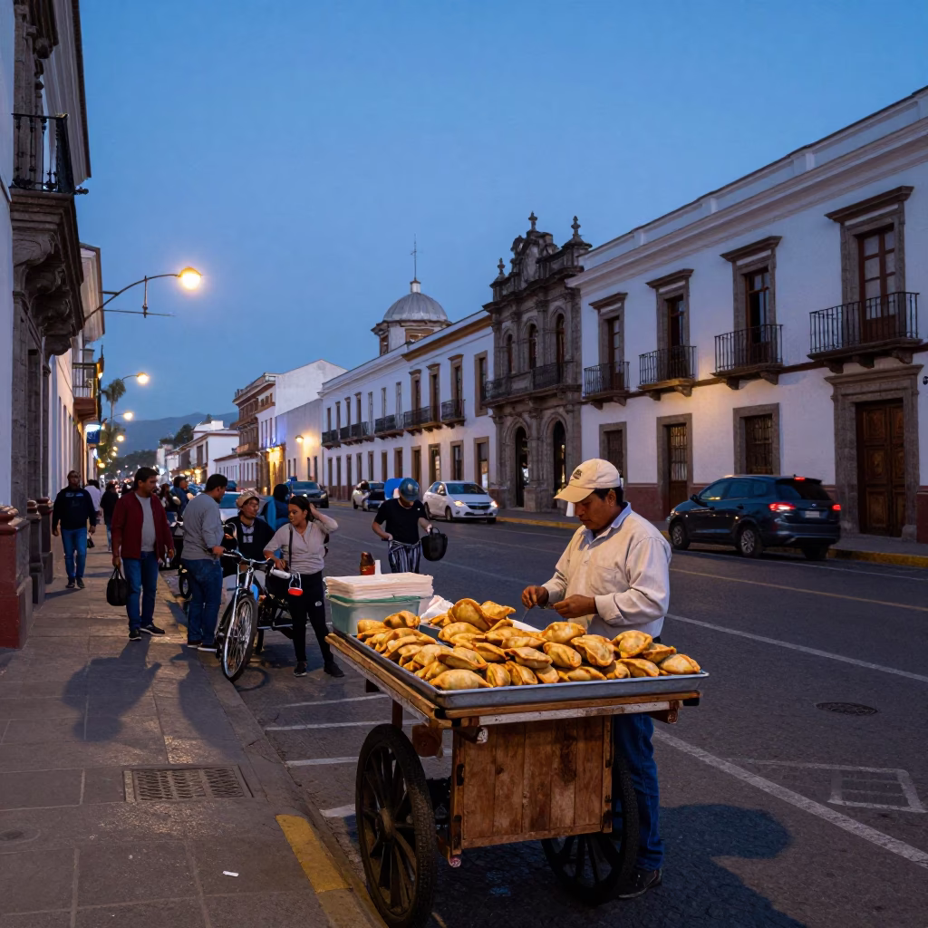 Busy Quito Street Scene at Nautical Dawn with Local Vendor and Morning Light in in Quito, Ecuador