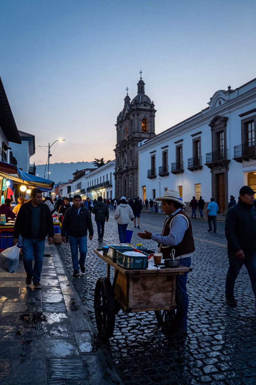 Busy Quito Street Scene at Nautical Dawn with Market Vendor Apron in in Quito, Ecuador