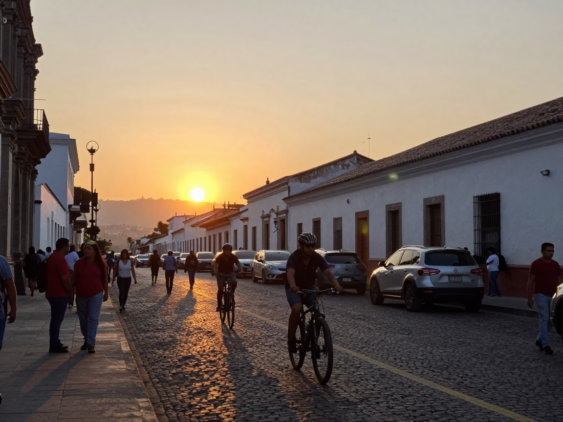 Busy Quito Street Scene at Sunset with Cyclist and Ceramic Tiles in in Quito, Ecuador