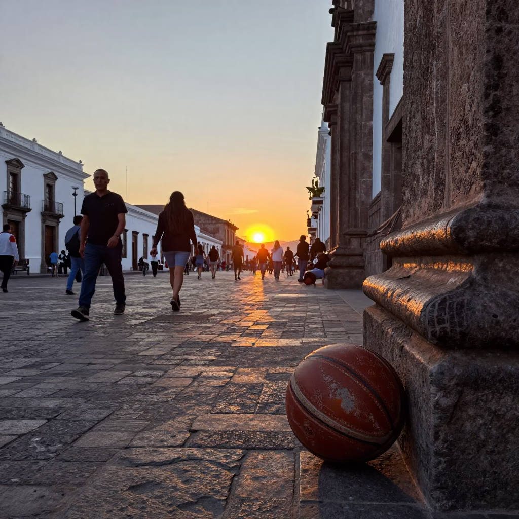 Busy Quito Street Scene at Sunset with Old Leather Basketball and Railway Signal Cabin in in Quito, Ecuador