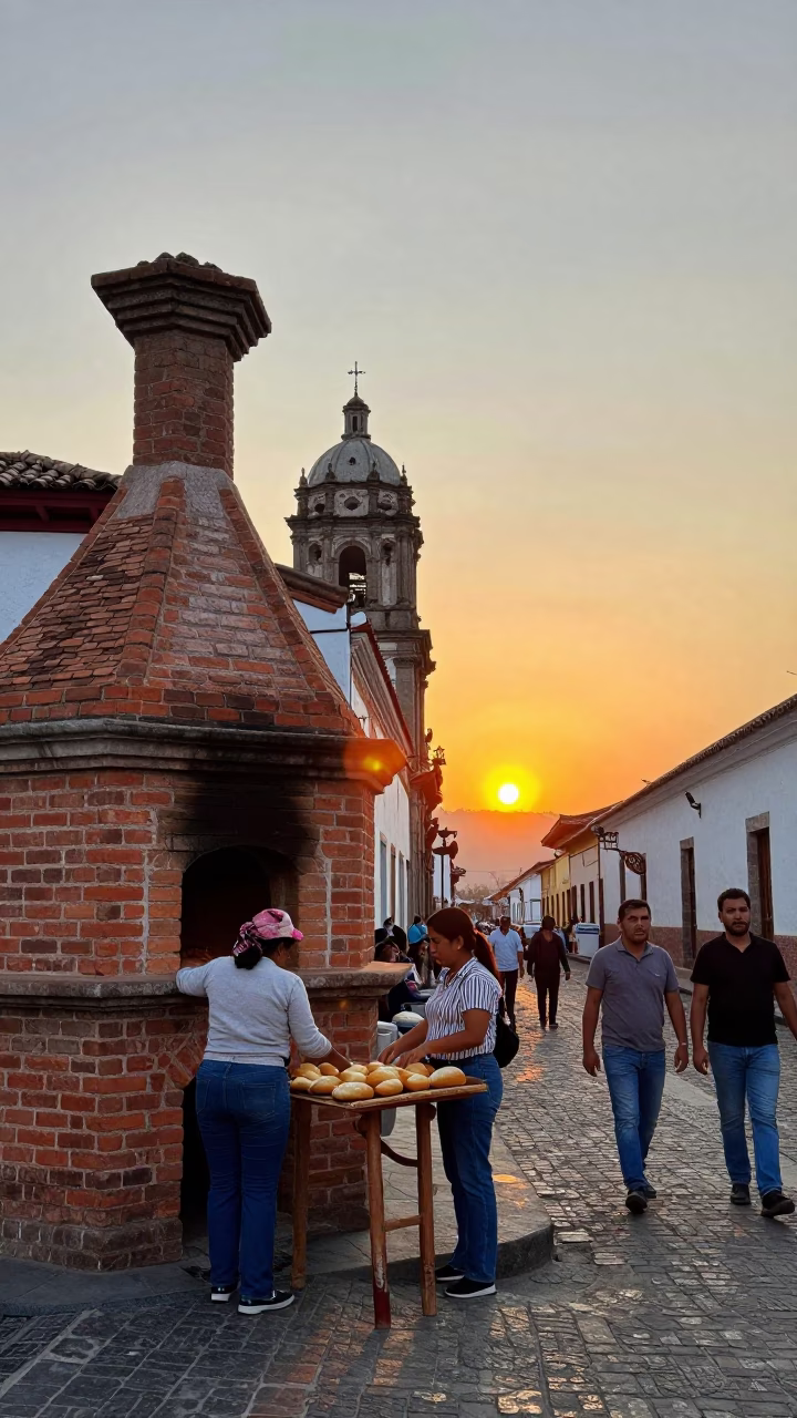 Busy Quito Street Scene at Sunset with Traditional Brick Oven and Local Life in in Quito, Ecuador