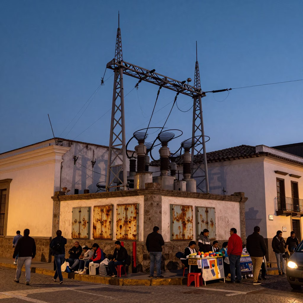 Busy Quito Street Scene at Twilight with Power Substation and Local Market Activity in in Quito, Ecuador