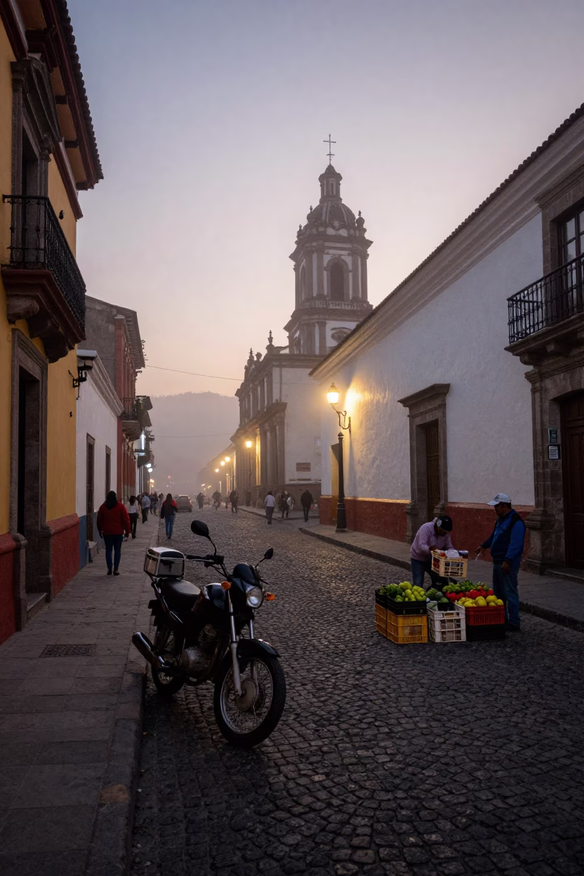 Busy Quito Street Scene Before Dawn with Motorcycle and Urban Life in in Quito, Ecuador