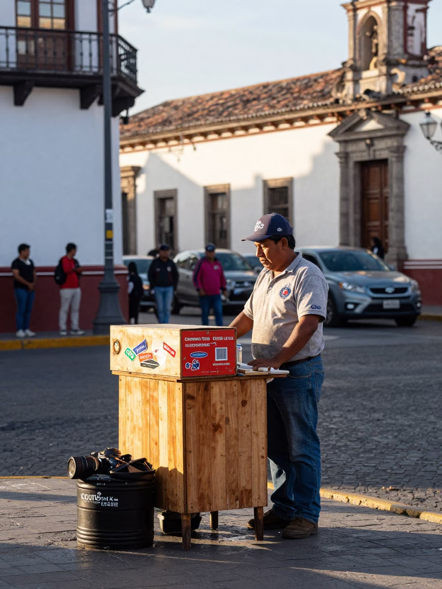 Busy Quito Street Scene Early Afternoon with Shoebox and Solar Array in in Quito, Ecuador