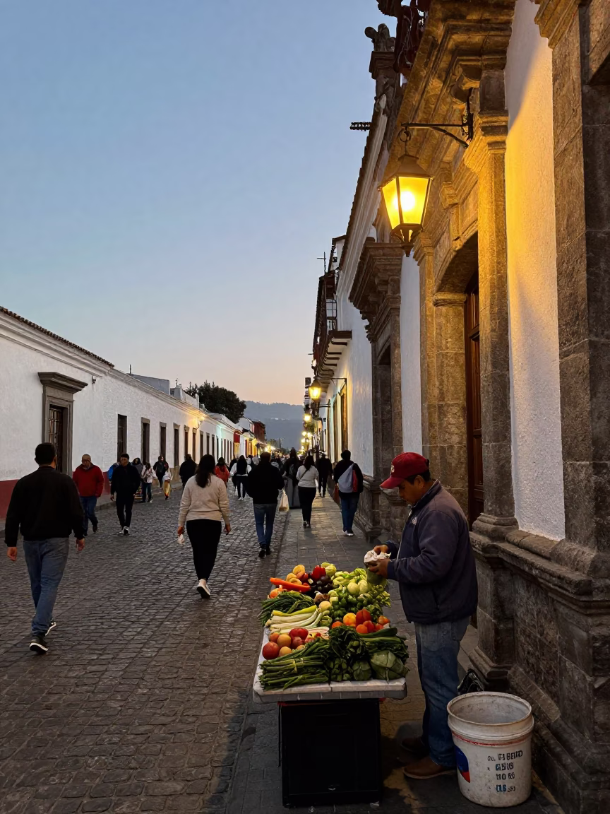 Busy Quito Street Scene Early Evening with Lantern and Turnbuckle Details in in Quito, Ecuador