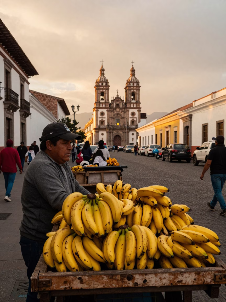 Busy Quito Street Scene in Honeyed Evening Light with Vintage Car Rally and Bananas in in Quito, Ecuador