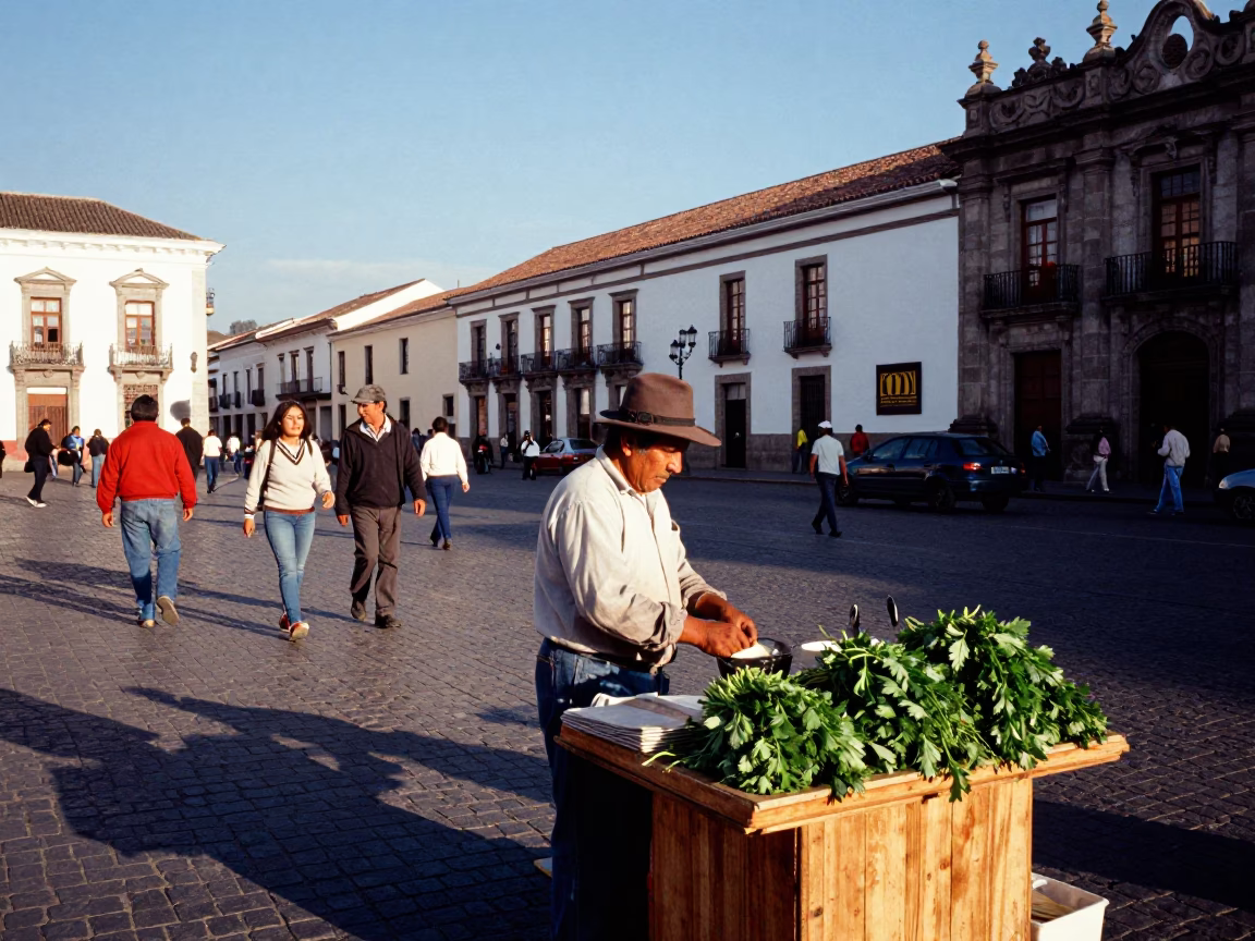 Busy Quito Street Scene in Late Afternoon Light with Local Market Activity in in Quito, Ecuador