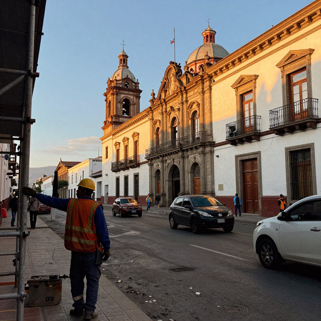 Busy Quito Street Scene Late Afternoon with Construction Workers and Local Transit in in Quito, Ecuador