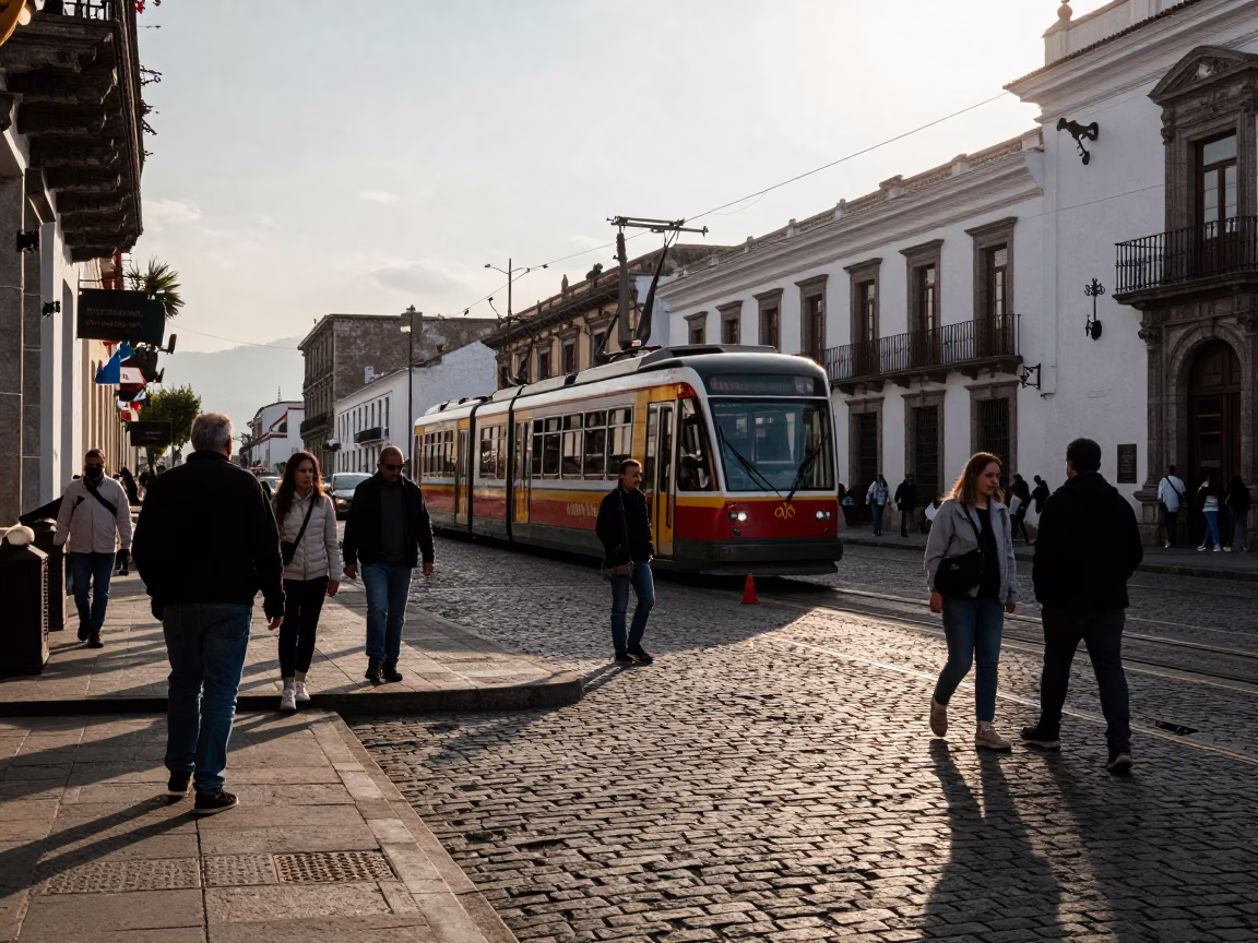 Busy Quito Street Scene Late Afternoon with Funicular and Local Commerce in in Quito, Ecuador