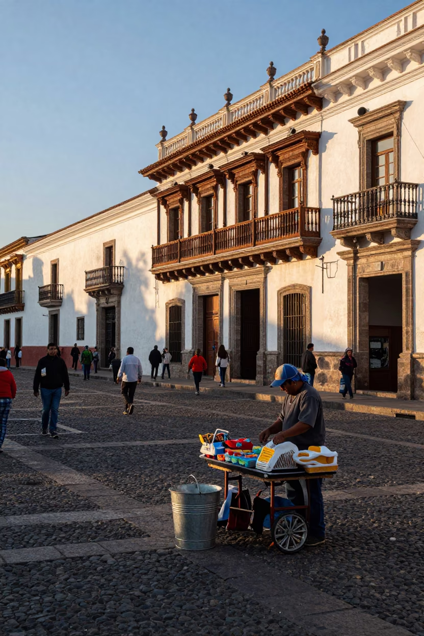 Busy Quito Street Scene Late Afternoon with Metal Bucket and Lockbox in Historic Plaza in in Quito, Ecuador
