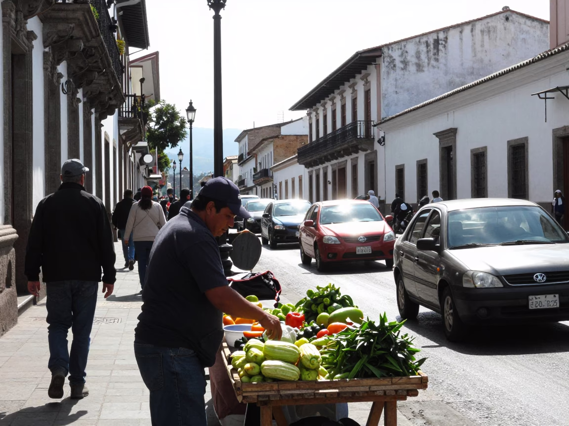 Busy Quito Street Scene Under Flat Noon Glare With Local Market Activity in in Quito, Ecuador