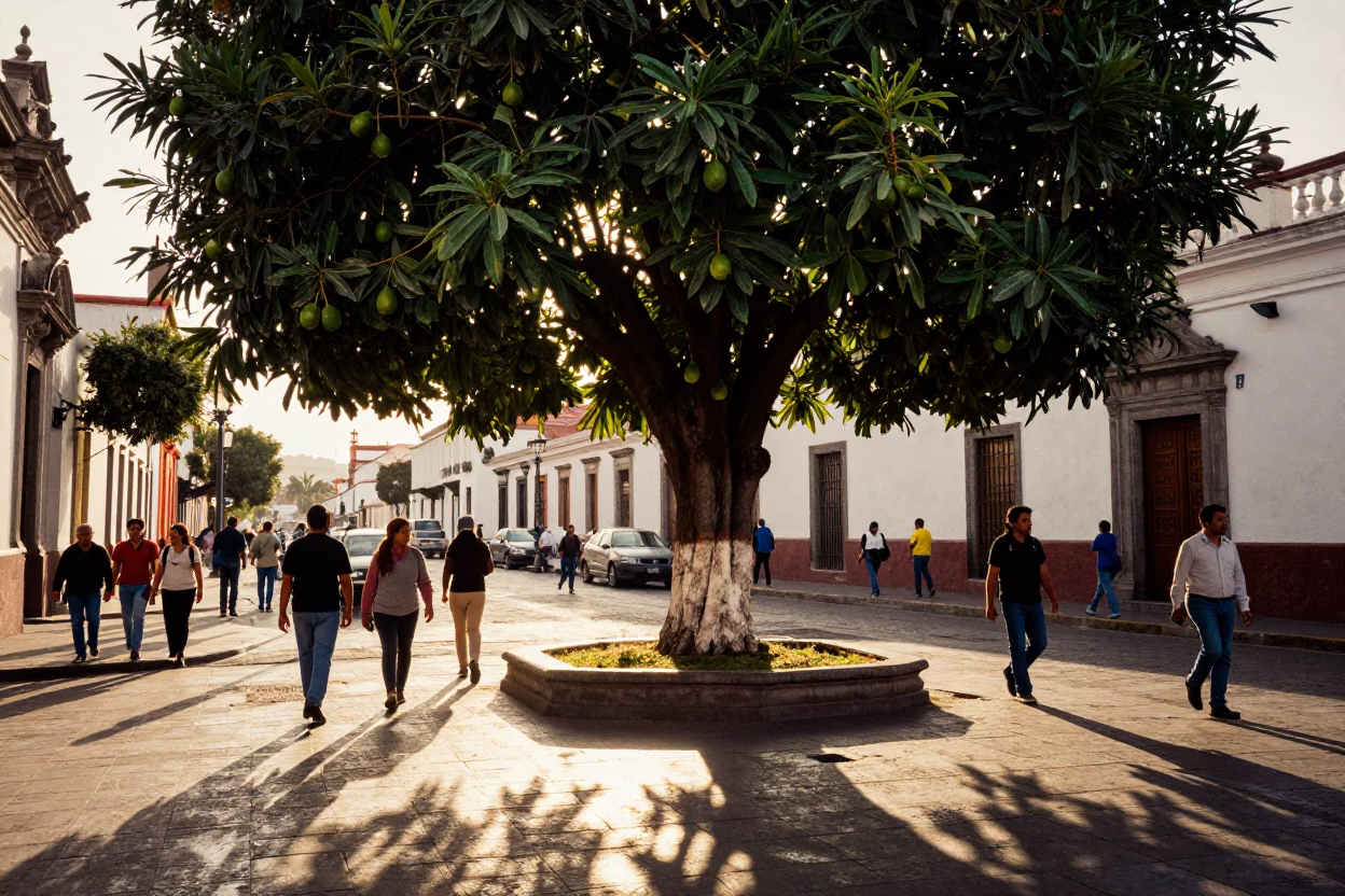 Busy Quito Street Scene with Avocado Tree and Pedestrian Overpass in Evening Light in in Quito, Ecuador