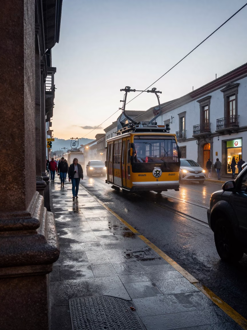 Busy Quito Street Scene with Cable Car and Condensation on Wall in in Quito, Ecuador