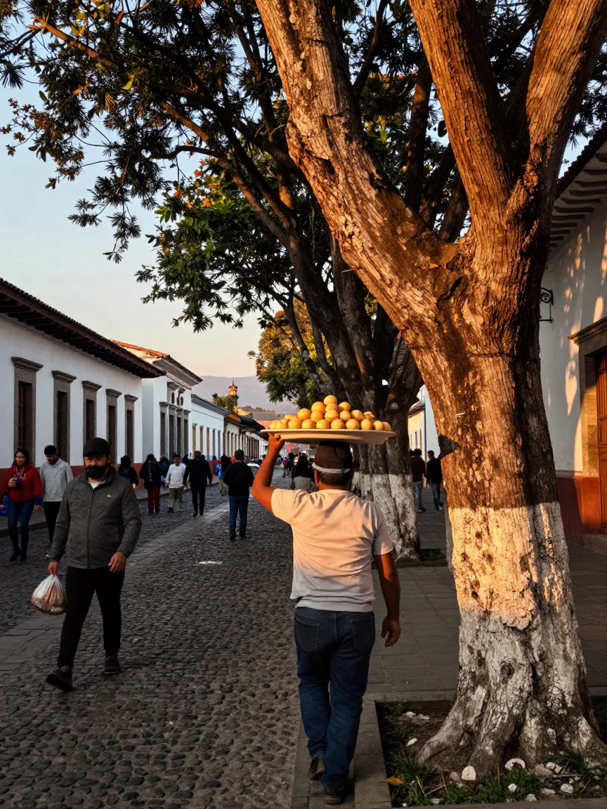 Busy Quito Street Scene with Kapok Tree and Local Commerce in Evening Light in in Quito, Ecuador