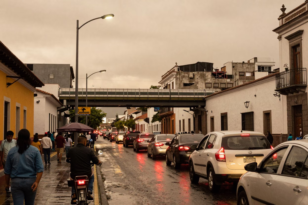 Busy Quito Street Scene with Overpass Taillights and Local Commerce in Honeyed Evening Light in in Quito, Ecuador