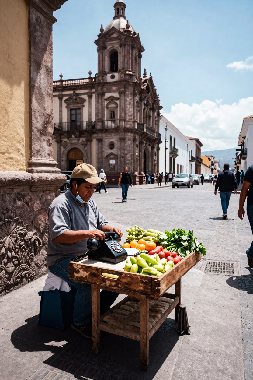 Busy Quito Street Scene with Vintage Bakelite Telephone and Wooden Tray at Midday in in Quito, Ecuador