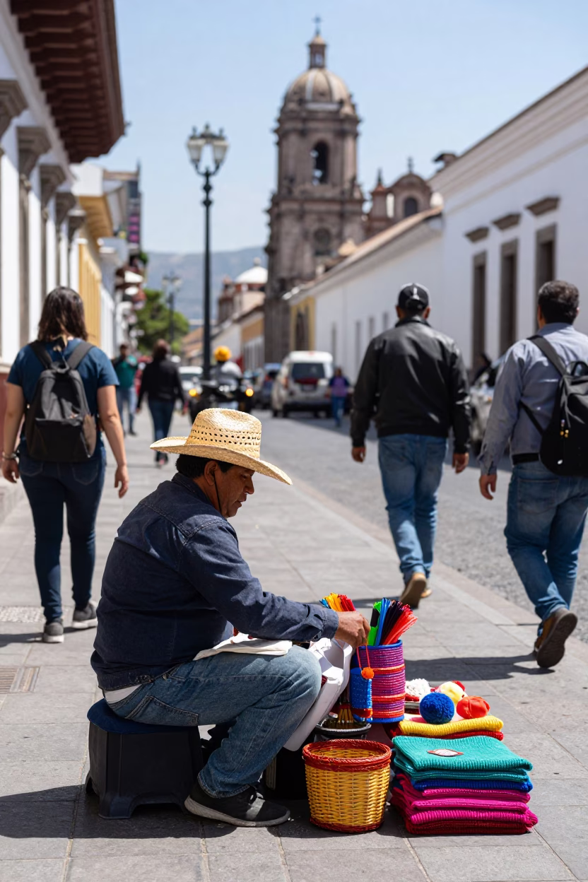 Busy Quito Street Vendor with Straw Hat and Colorful Market Goods in in Quito, Ecuador