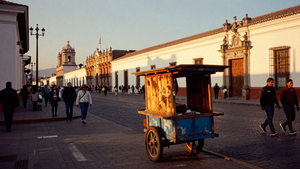 Busy Quito Sunset Street Scene with Scuffed Wood and Local Activity in in Quito, Ecuador