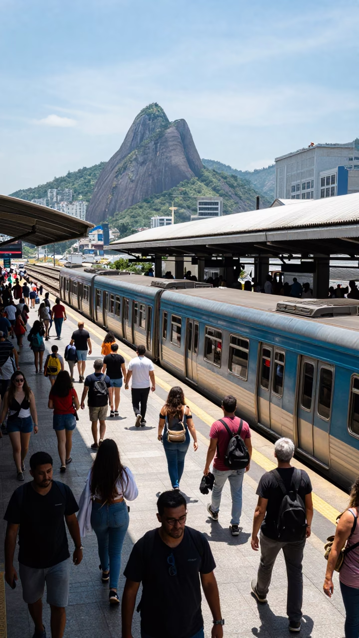 Busy Rio de Janeiro Midday Street Scene with Commuter Train and Local Life in in Rio de Janeiro, Brazil