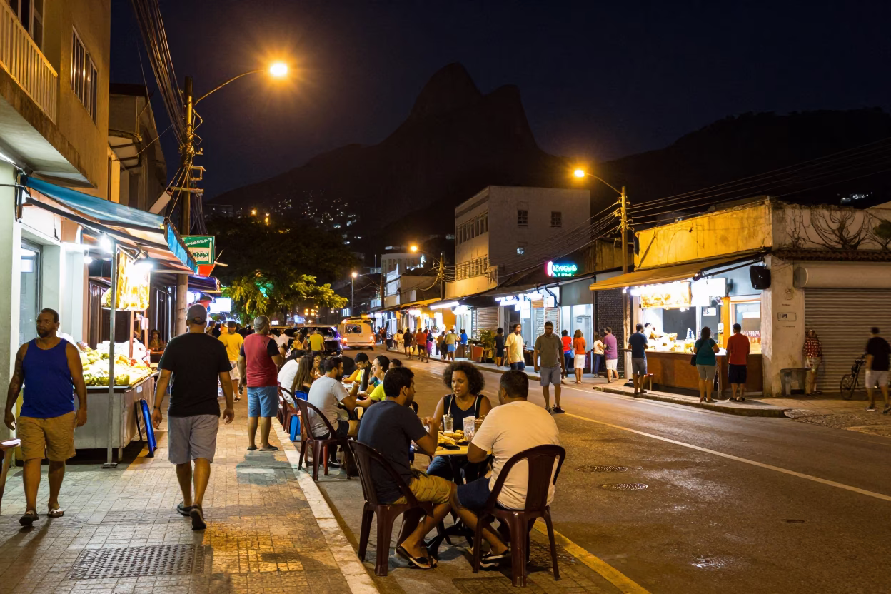 Busy Rio de Janeiro Night Street Scene with Local Food and Social Interaction in in Rio de Janeiro, Brazil