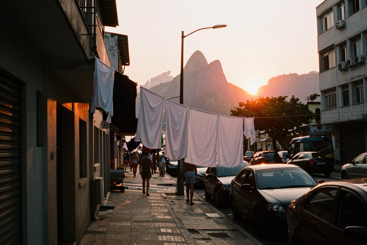 Busy Rio de Janeiro street corner at sunset with laundry and local life in in Rio de Janeiro, Brazil