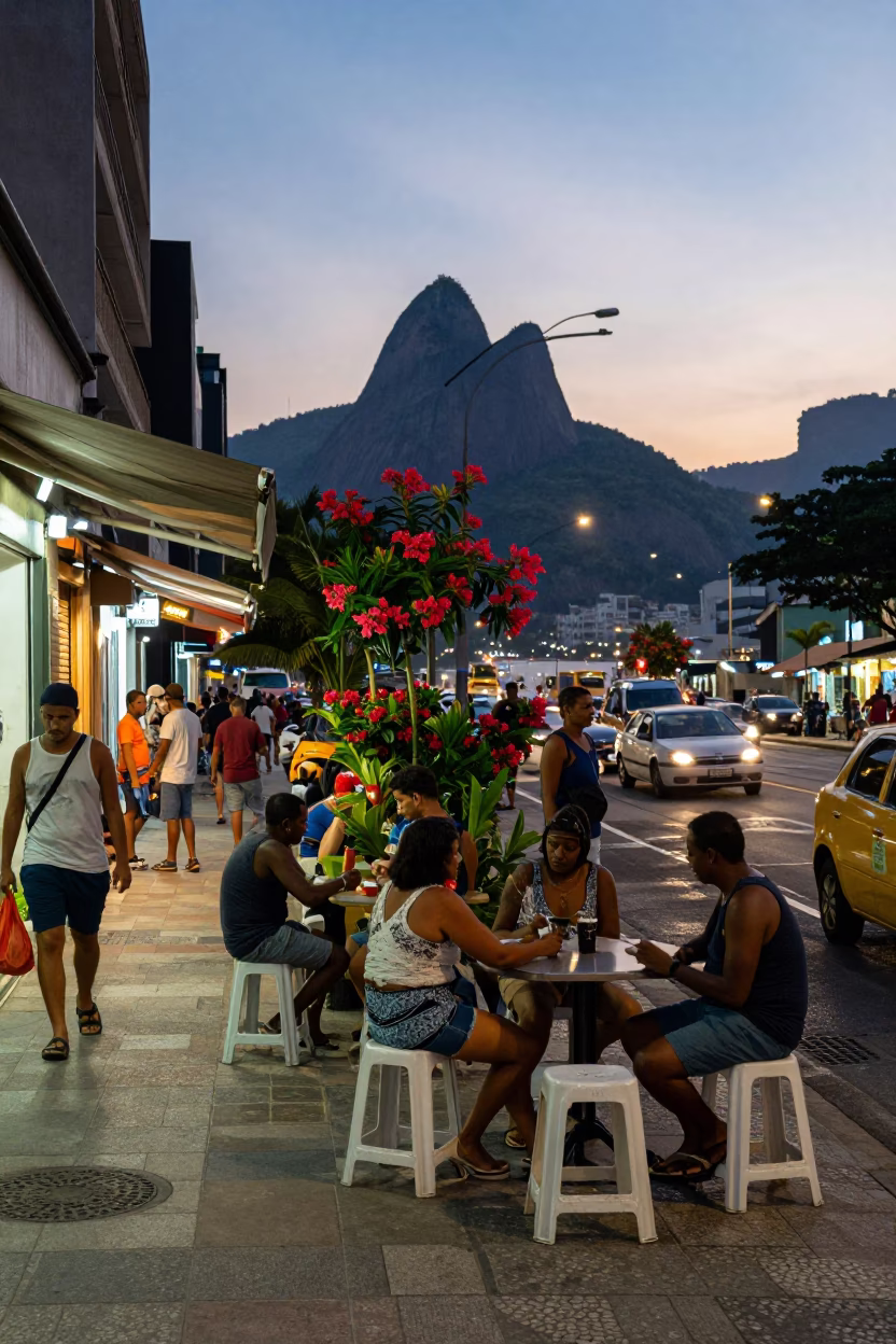 Busy Rio de Janeiro Street Corner Early Evening with Flowering Plants and Folding Stools in in Rio de Janeiro, Brazil