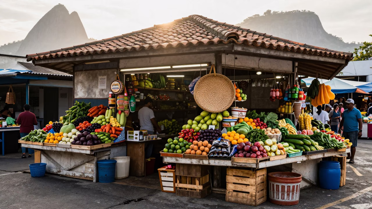 Busy Rio de Janeiro Street Corner Market Stall with Colorful Produce and Morning Sunlight in in Rio de Janeiro, Brazil