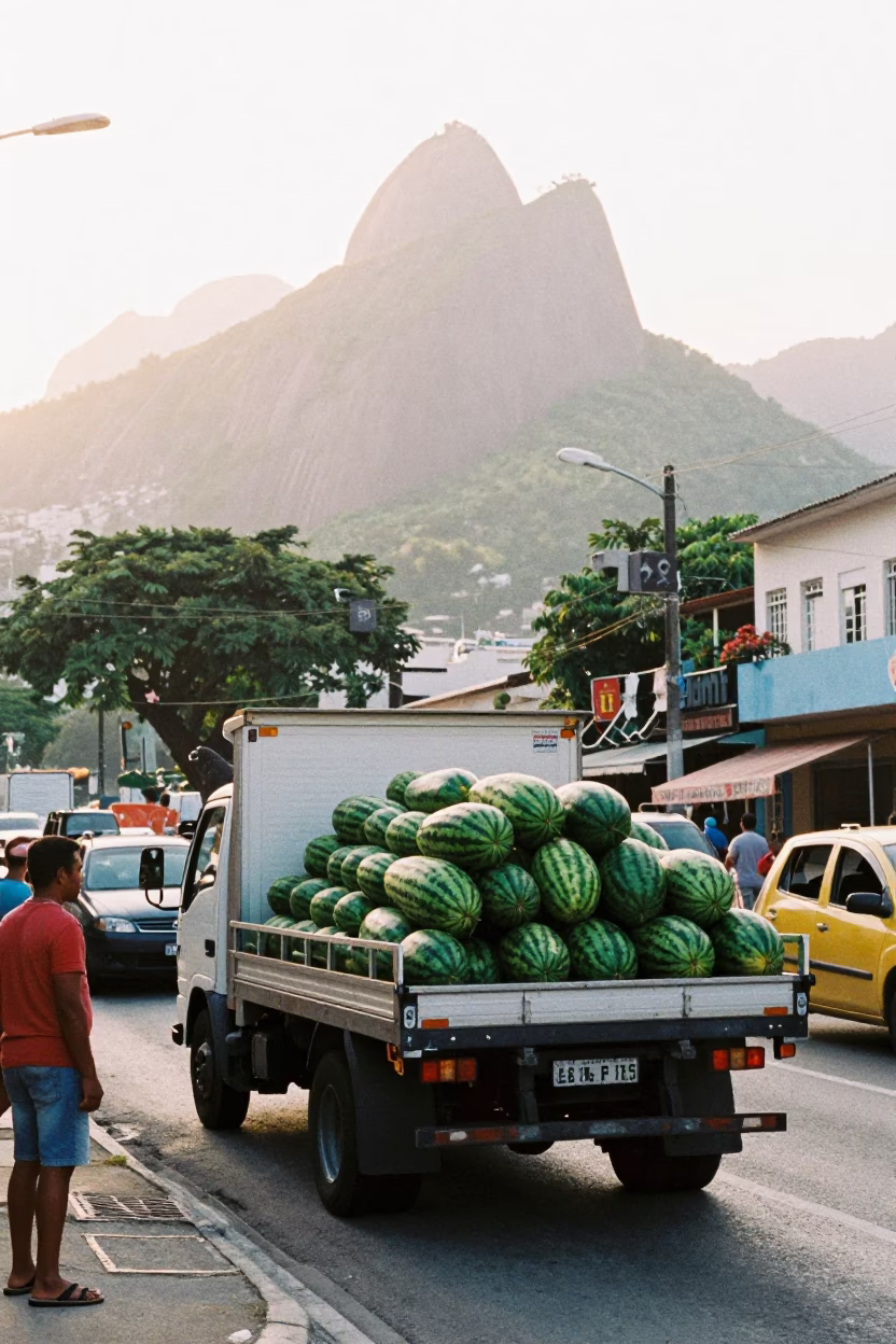 Busy Rio de Janeiro street corner with truck laden with watermelons just after sunrise in in Rio de Janeiro, Brazil