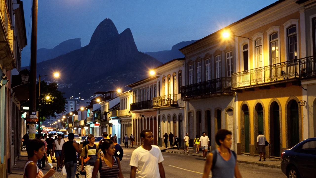Busy Rio de Janeiro street scene at blue hour with locals and traditional architecture in in Rio de Janeiro, Brazil