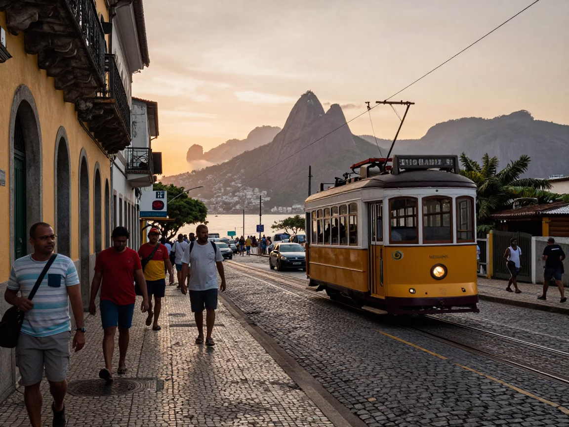 Busy Rio de Janeiro Street Scene at Dawn with Funicular and Local Vendors in in Rio de Janeiro, Brazil