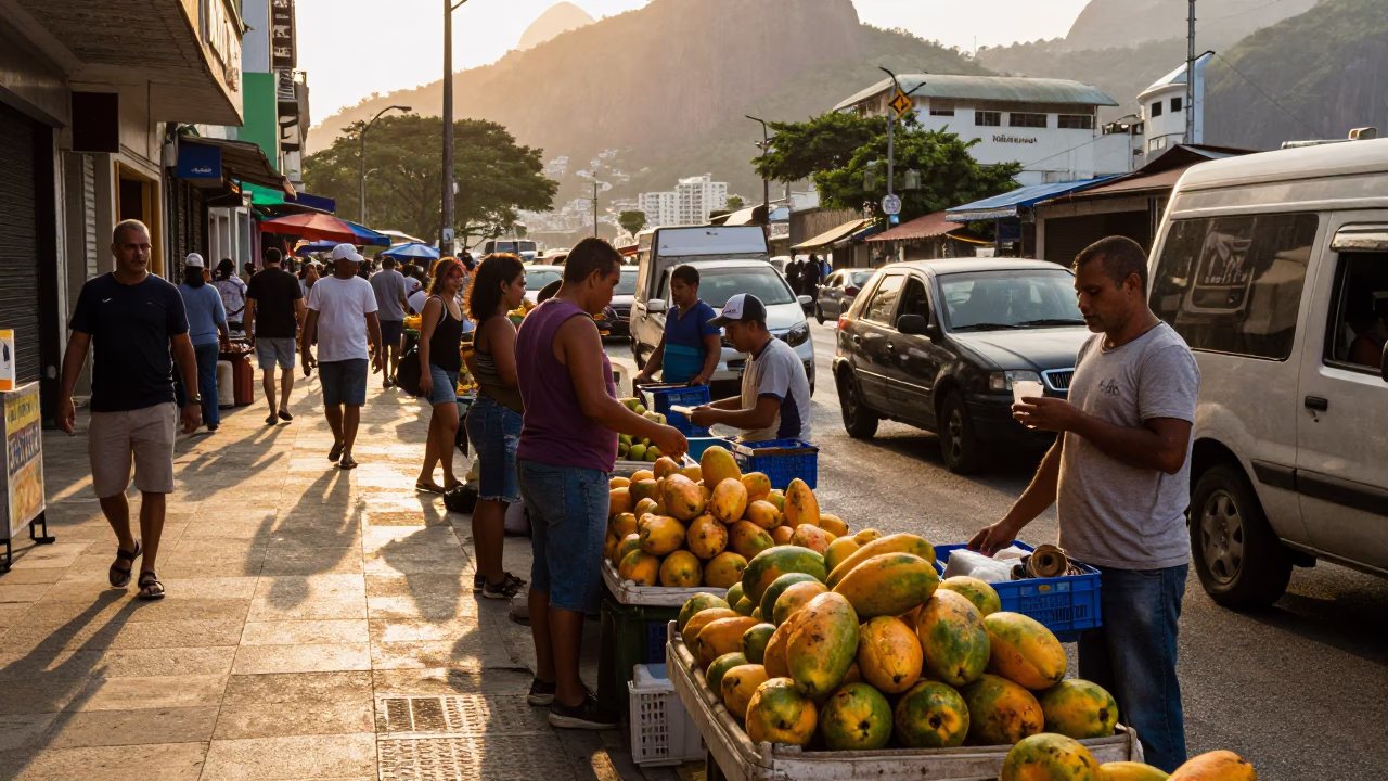 Busy Rio de Janeiro Street Scene at Golden Hour with Papayas and Local Commerce in in Rio de Janeiro, Brazil
