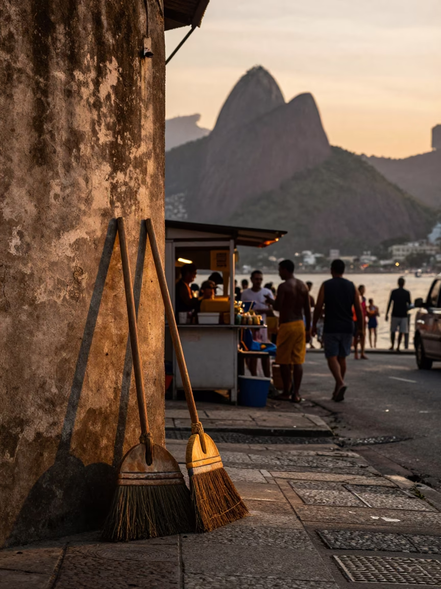Busy Rio de Janeiro Street Scene at Sunset with Brooms and Local Activity in in Rio de Janeiro, Brazil