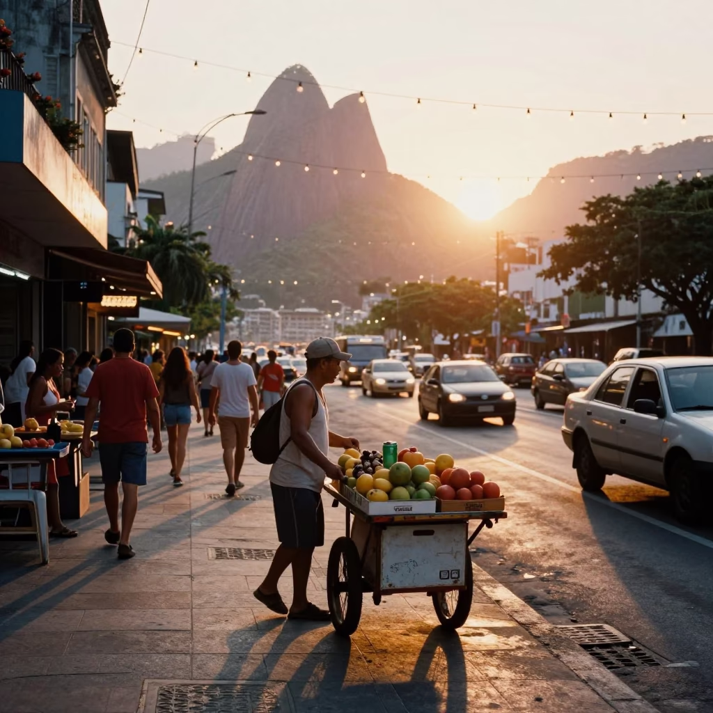 Busy Rio de Janeiro Street Scene at Sunset with String Lights and Local Life in in Rio de Janeiro, Brazil