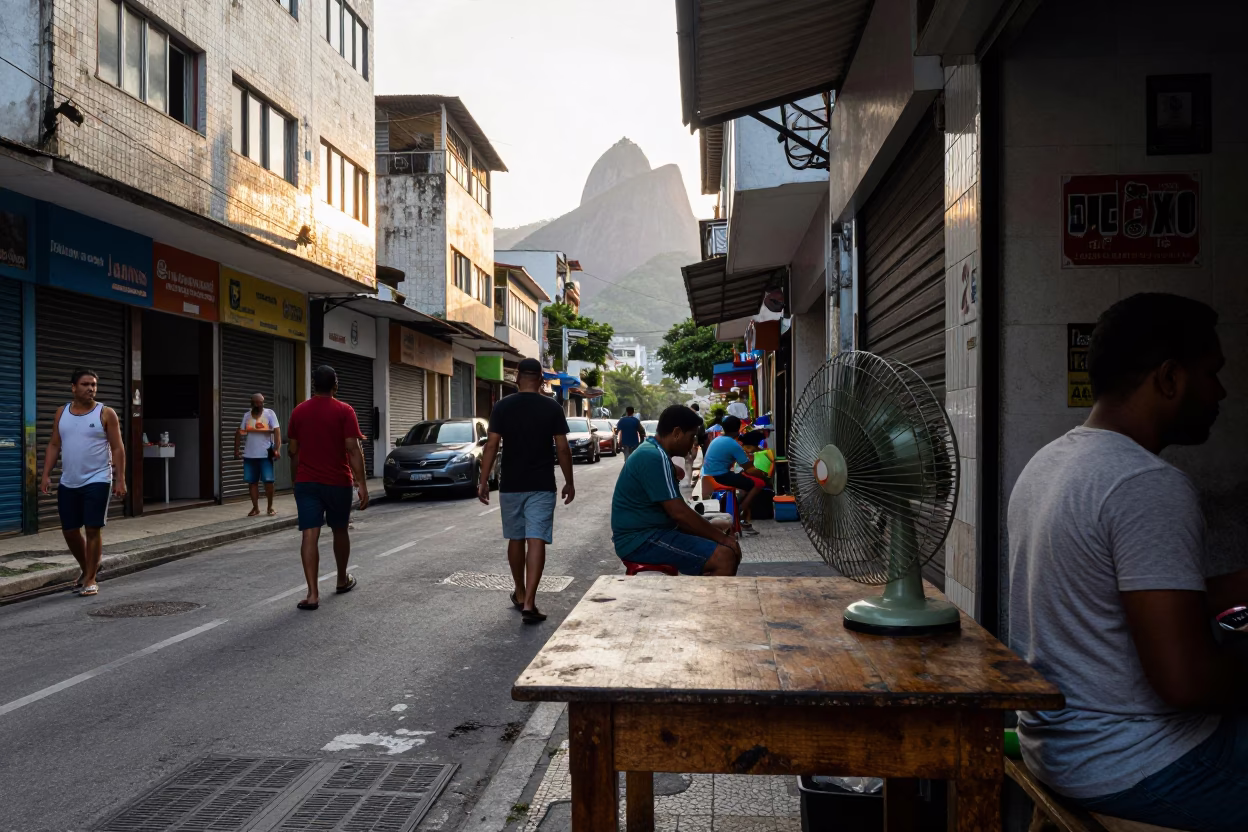 Busy Rio de Janeiro Street Scene Just After Sunrise with Lived-In Urban Details in in Rio de Janeiro, Brazil