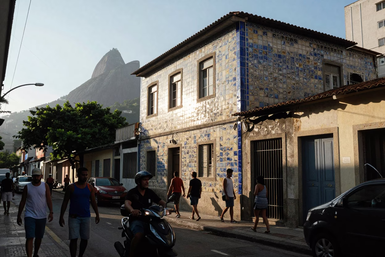 Busy Rio de Janeiro Street Scene Late Afternoon with Ceramic Tiles and Iron Hooks in in Rio de Janeiro, Brazil