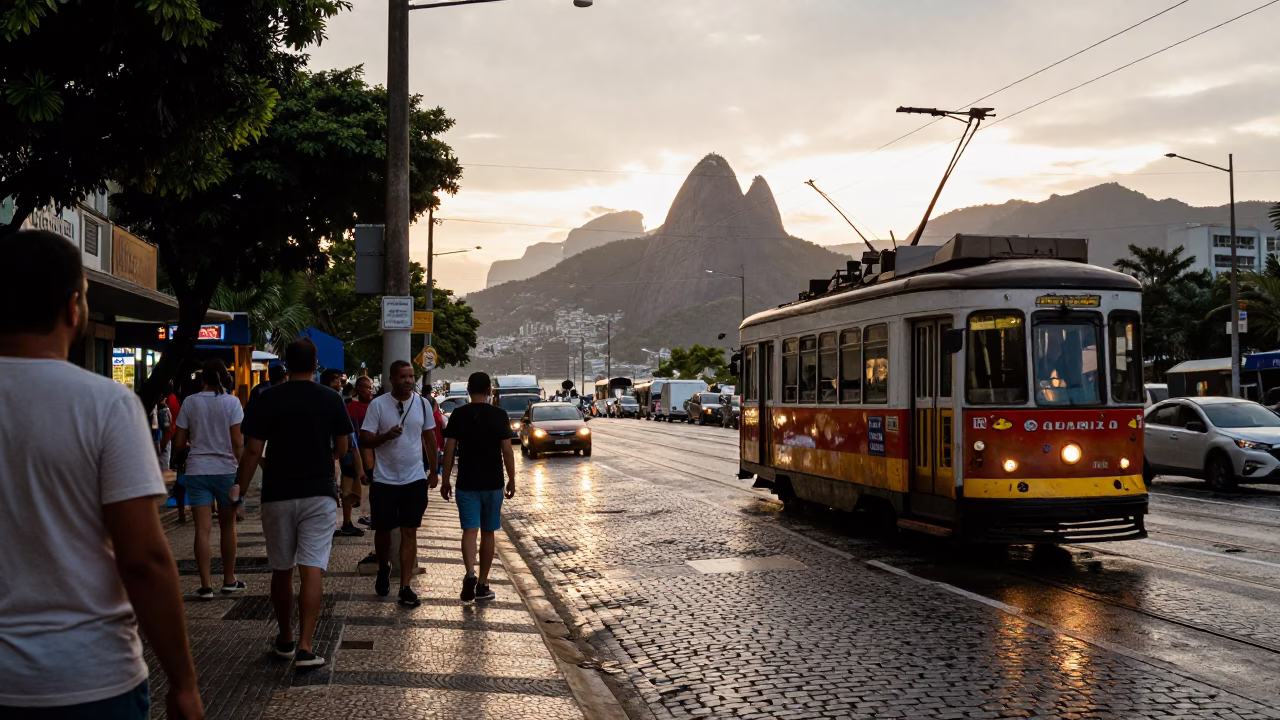 Busy Rio de Janeiro Street Scene Late Afternoon with Tramcar Reflection on Wet Cobblestones in in Rio de Janeiro, Brazil