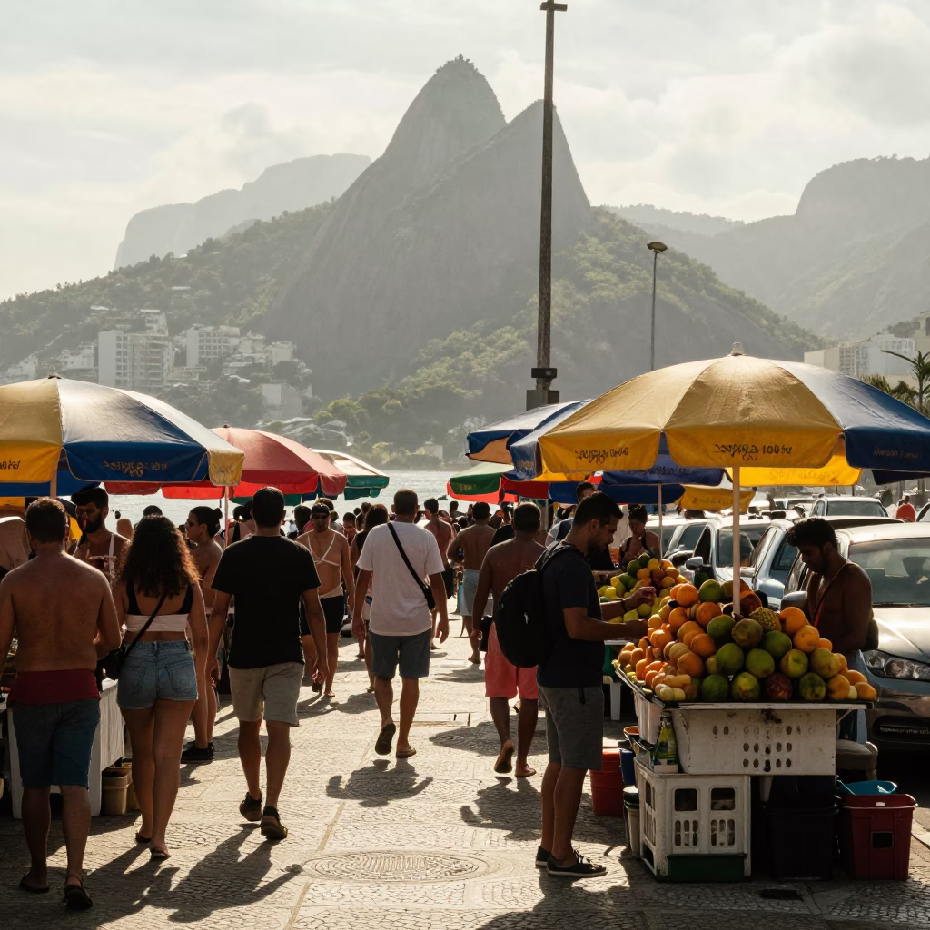 Busy Rio de Janeiro Street Scene Late Morning with Umbrellas and Local Life in in Rio de Janeiro, Brazil