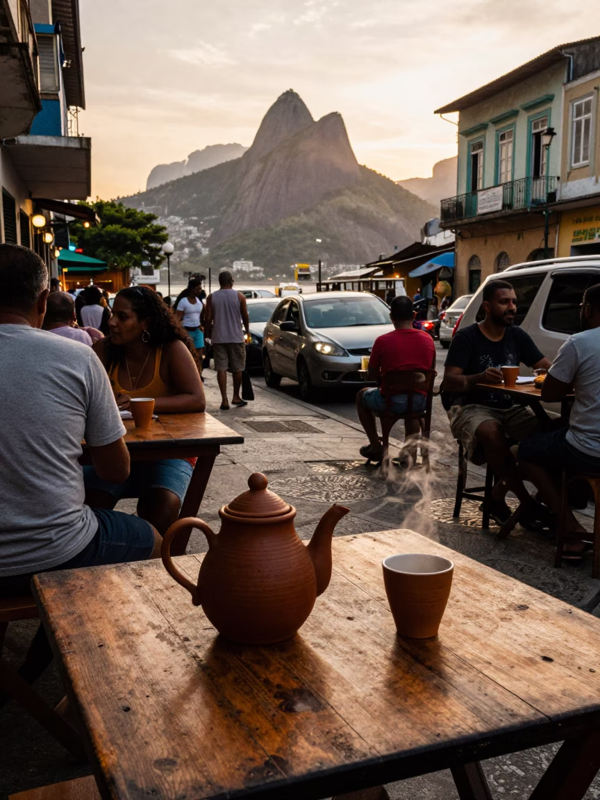 Busy Rio de Janeiro Street Scene with Clay Teapot and Evening Light in in Rio de Janeiro, Brazil