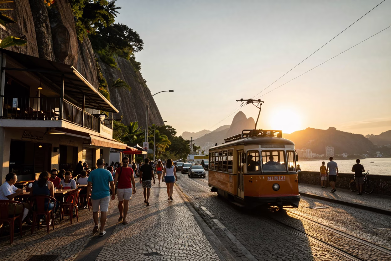 Busy Rio de Janeiro Street Scene with Funicular Approaching Cliffside Restaurant at Sunset in in Rio de Janeiro, Brazil