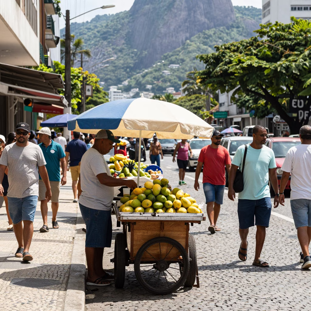 Busy Rio de Janeiro Street Scene with Local Vendors and Daily Life in in Rio de Janeiro, Brazil