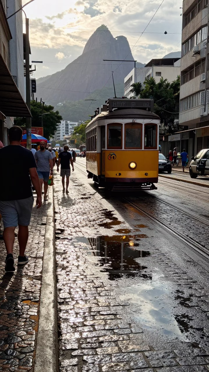 Busy Rio de Janeiro Street Scene with Tramcar Reflection and Cobblestones in in Rio de Janeiro, Brazil