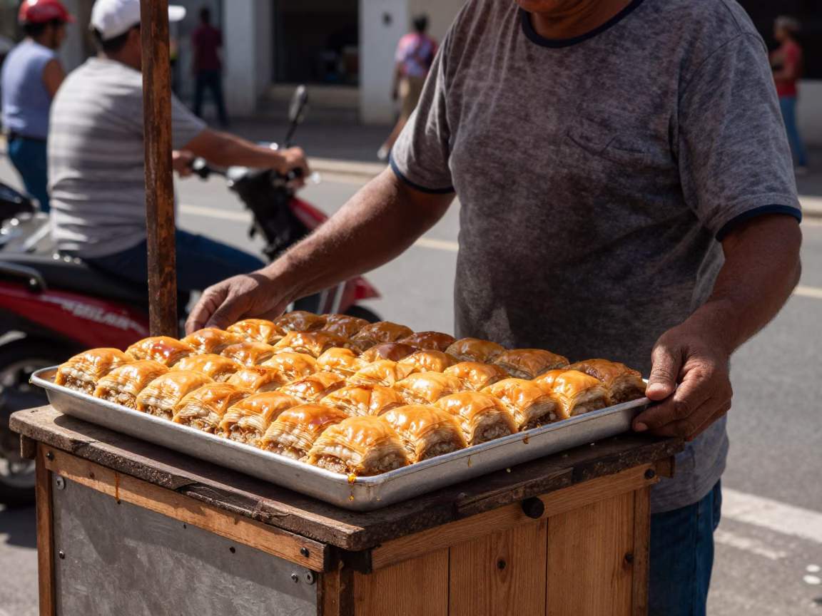 Busy Rio de Janeiro Street Vendor Midday with Tray of Glistening Baklava and Saucer in in Rio de Janeiro, Brazil