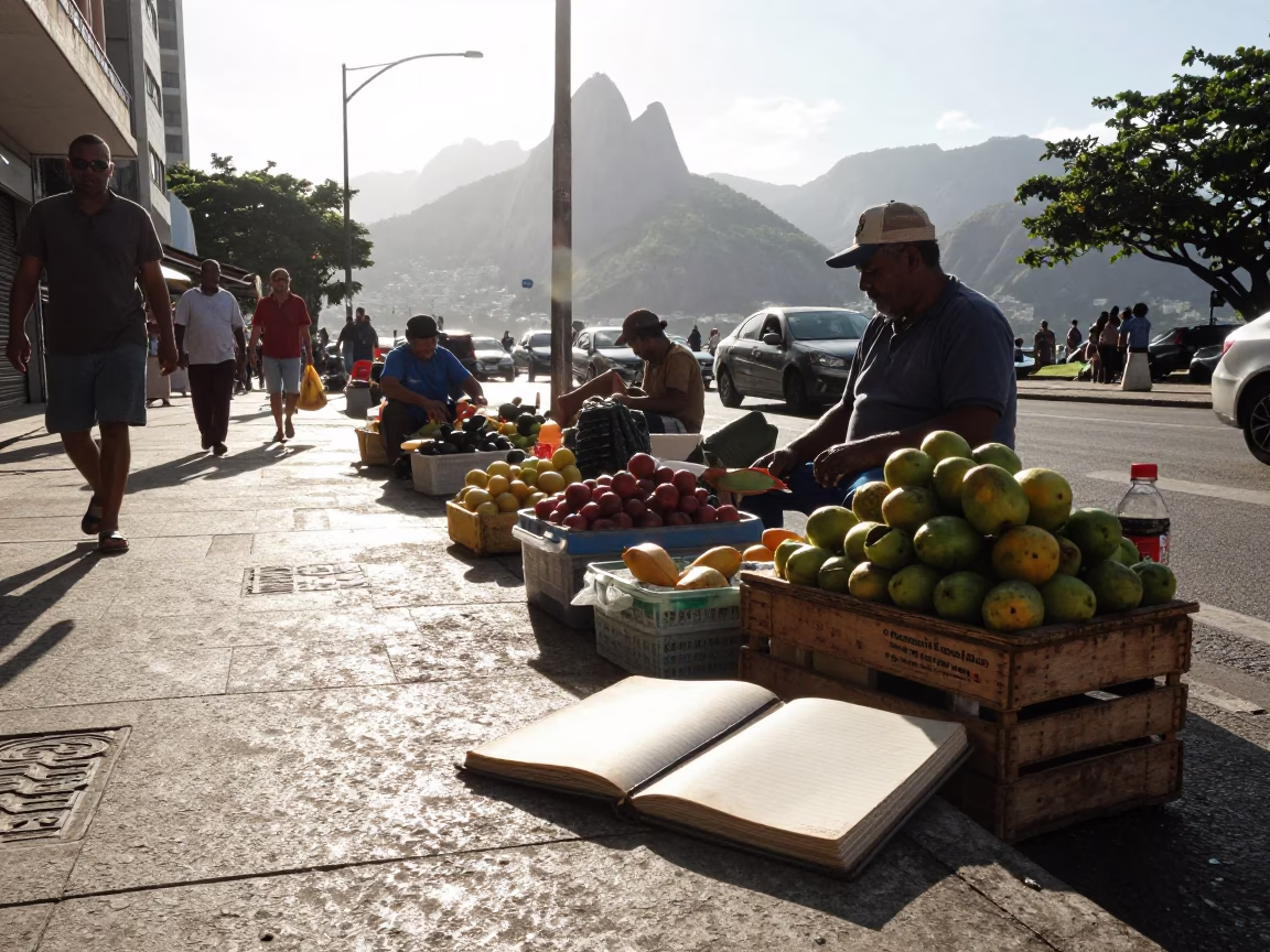 Busy Rio Street Corner Late Morning with Notebook and Broom in in Rio de Janeiro, Brazil