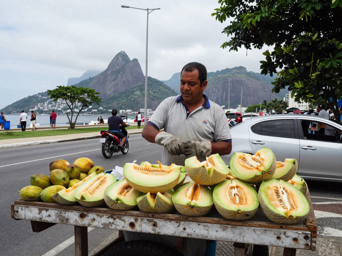 Busy Rio Street Corner Vendor with Fruit and Bell Amidst Overcast Midday in in Rio de Janeiro, Brazil