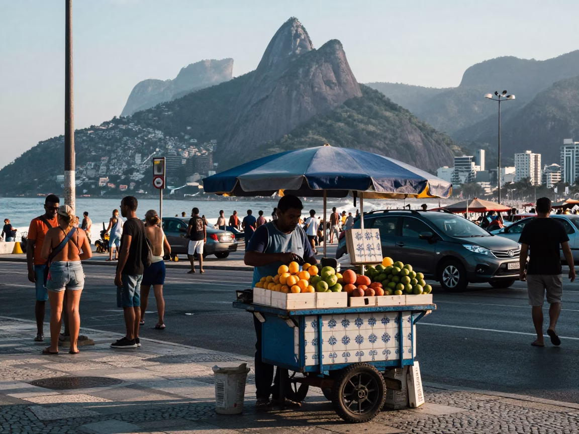 Busy Rio street corner with vendor and colorful tiles in in Rio de Janeiro, Brazil